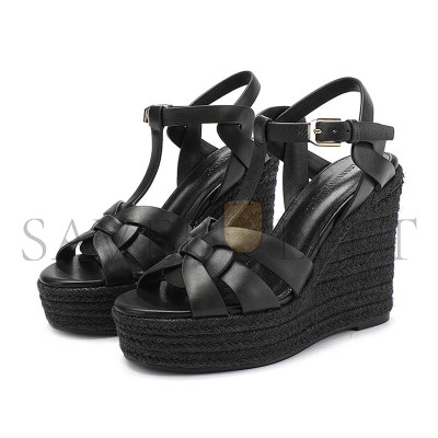 YSL TRIBUTE WOVEN LEATHER ESPADRILLE WEDGE SANDALS